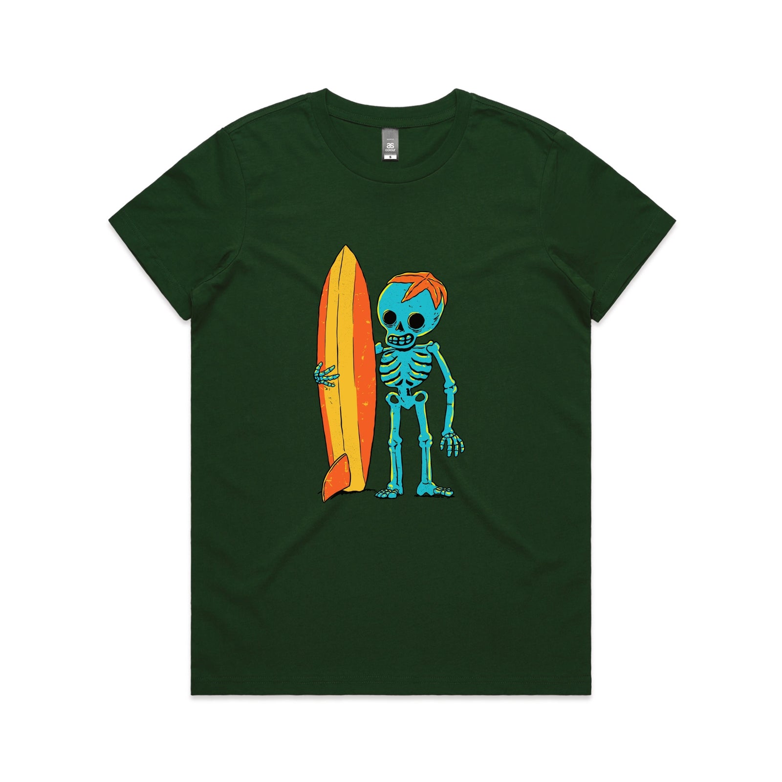 Forest Green fitted womens t-shirt with Skeleton Surfer graphic by Lonely Kids Club