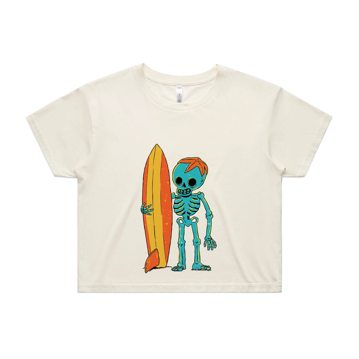 Ecru crop top with Skeleton Surfer graphic by Lonely Kids Club