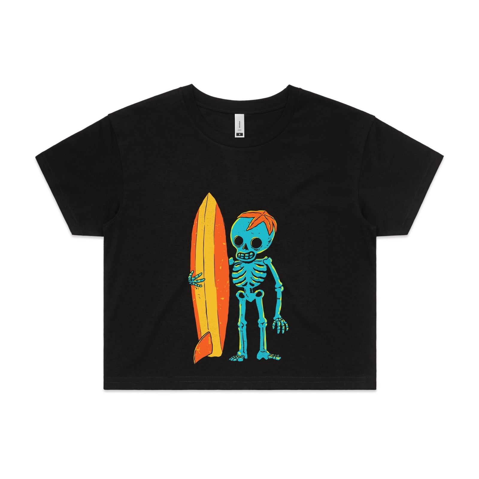 Black crop top with Skeleton Surfer graphic by Lonely Kids Club