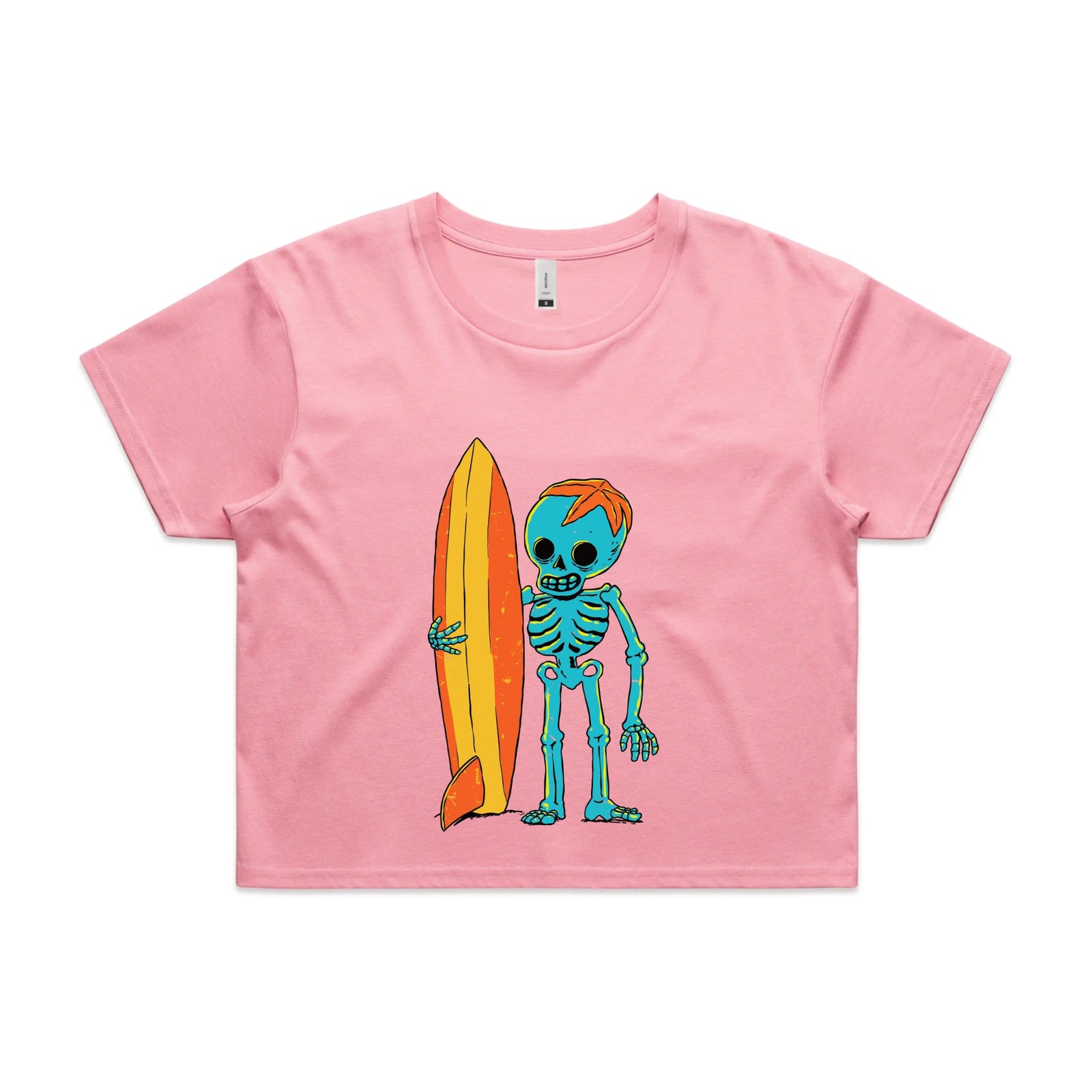Bubblegum crop top with Skeleton Surfer graphic by Lonely Kids Club