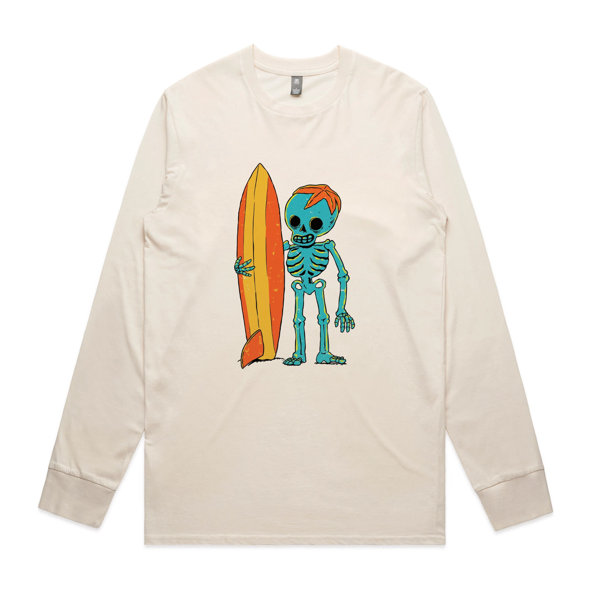Ecru long sleeve t-shirt with Skeleton Surfer graphic by Lonely Kids Club