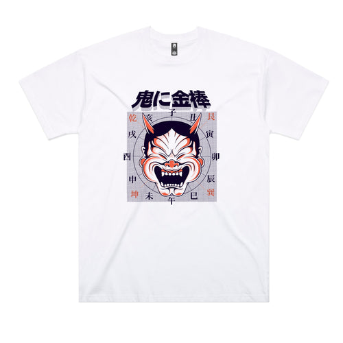 Oni Mask Tee by Lonely Kids Club. All clothing from our T-shirts to our shorts and hoodies are ethically made, and printed packed and shipped from Sydney.