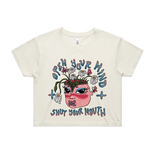 Open Your Mind & Shut Your Mouth Tee by Lonely Kids Club. All clothing from our T-shirts to our shorts and hoodies are ethically made, and printed packed and shipped from Sydney.