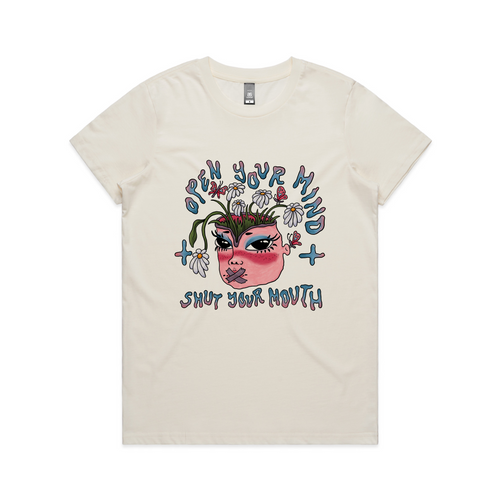 Open Your Mind & Shut Your Mouth Tee by Lonely Kids Club. All clothing from our T-shirts to our shorts and hoodies are ethically made, and printed packed and shipped from Sydney.