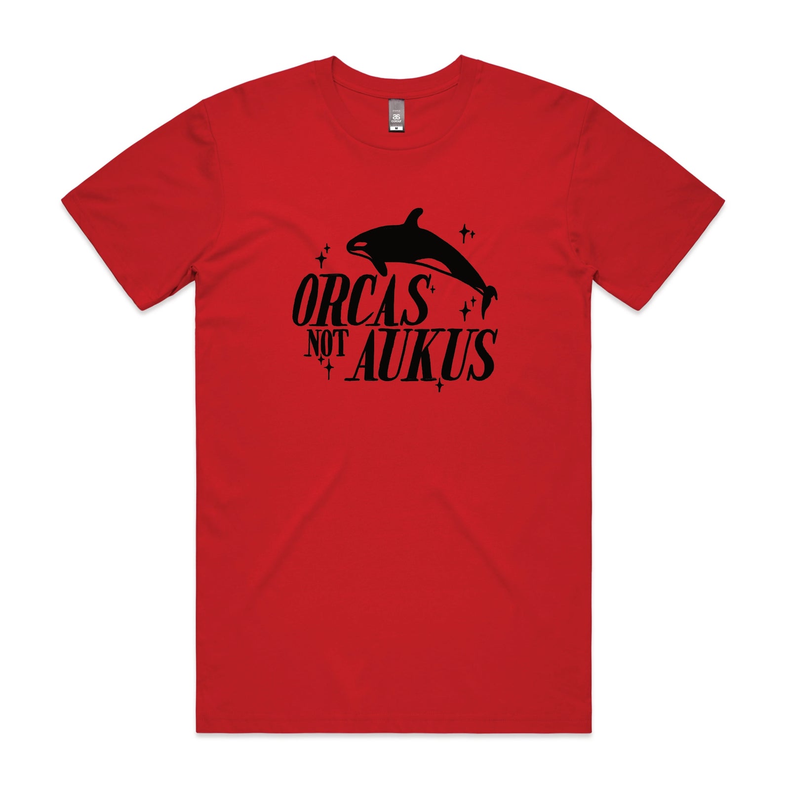 Red unisex t-shirt with Orcas Not AUKUS graphic by Lonely Kids Club