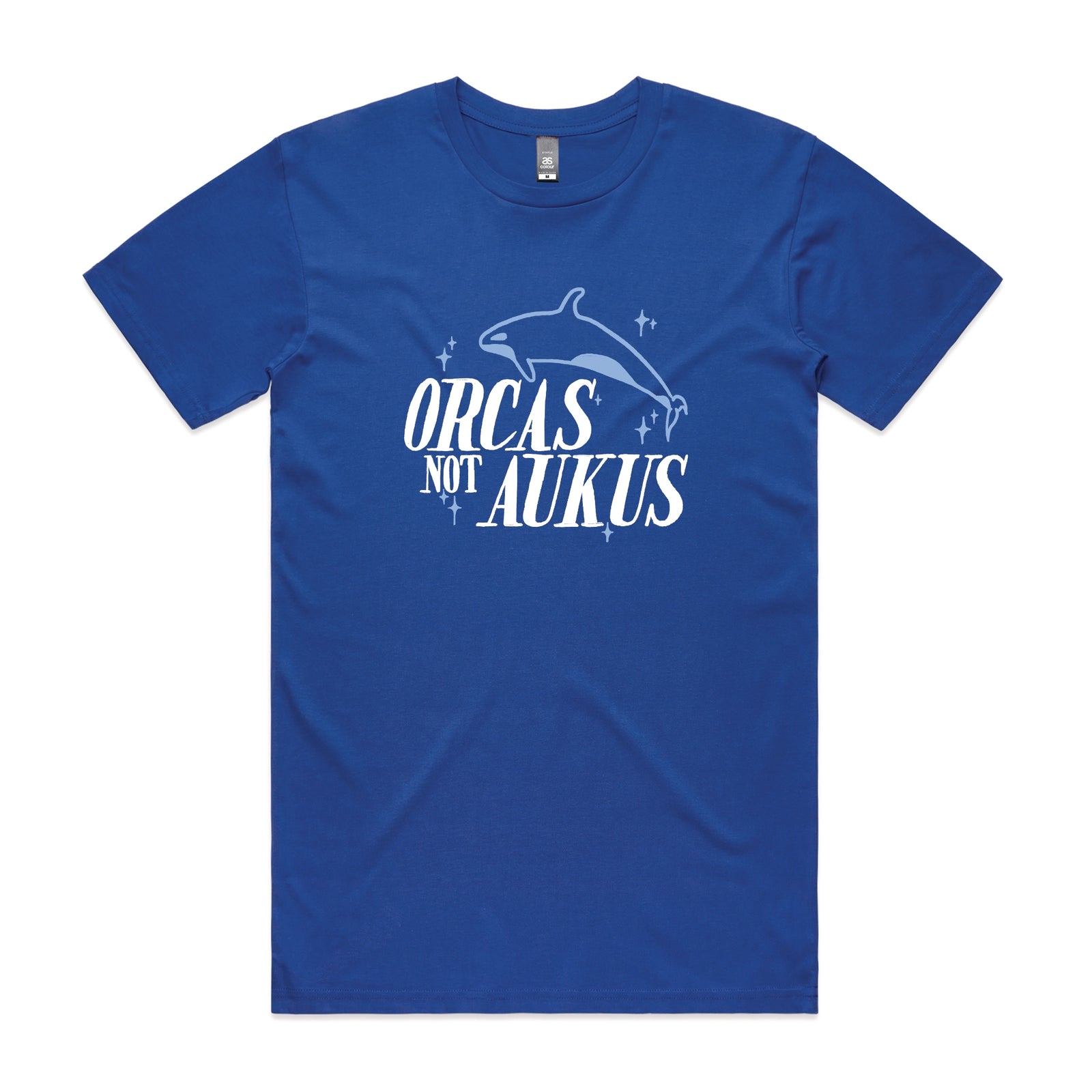 Royal Blue unisex t-shirt with Orcas Not AUKUS graphic by Lonely Kids Club