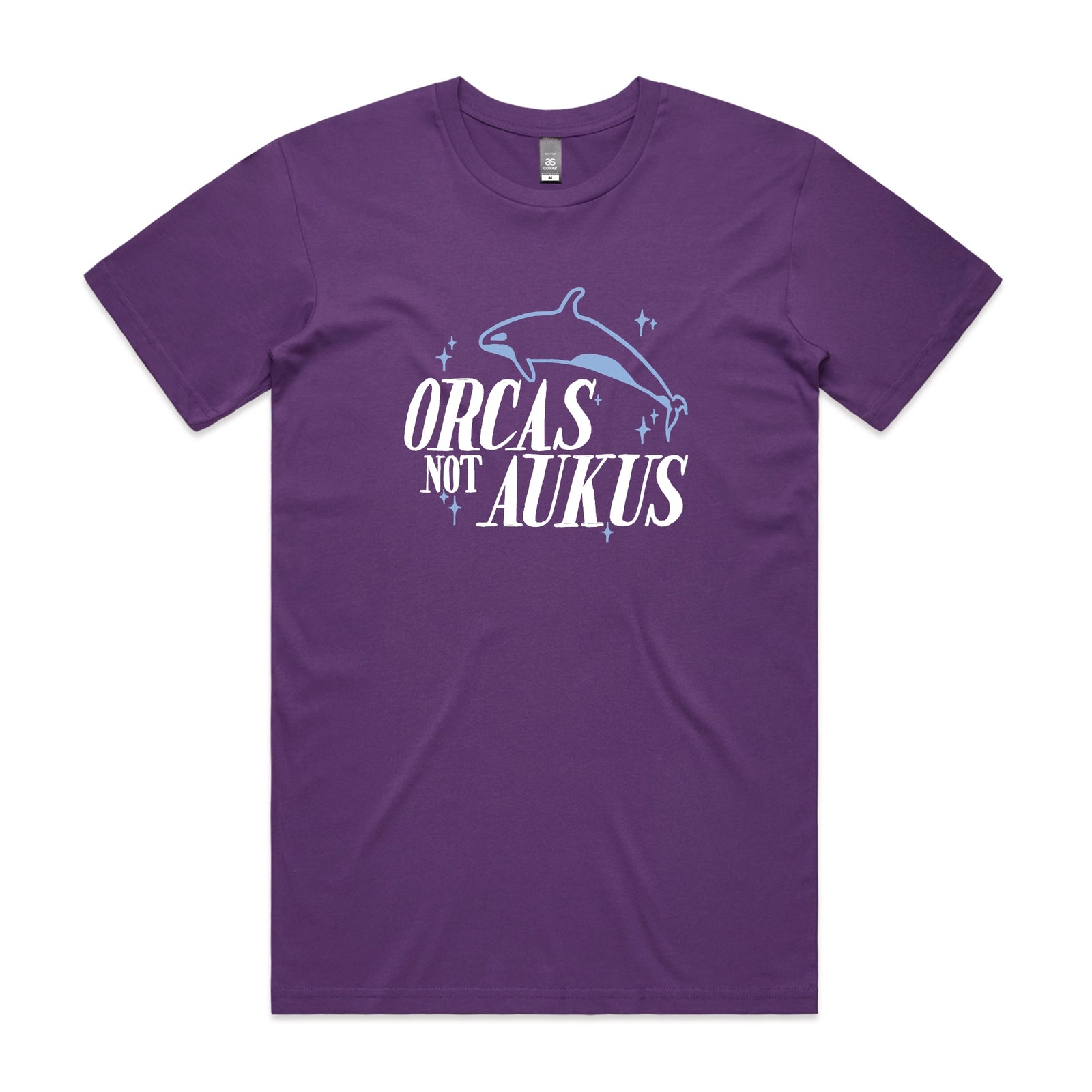 Purple unisex t-shirt with Orcas Not AUKUS graphic by Lonely Kids Club