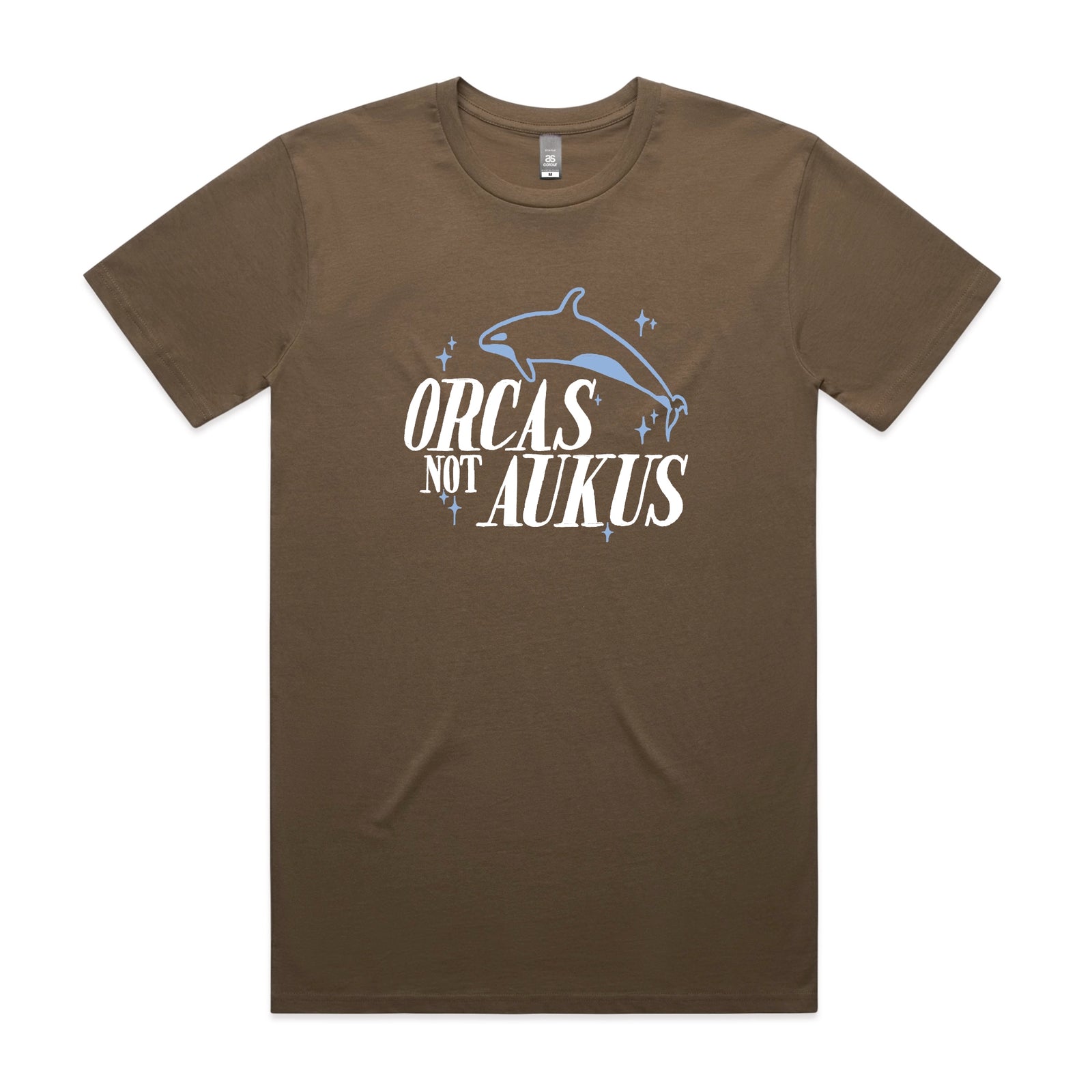 Walnut unisex t-shirt with Orcas Not AUKUS graphic by Lonely Kids Club