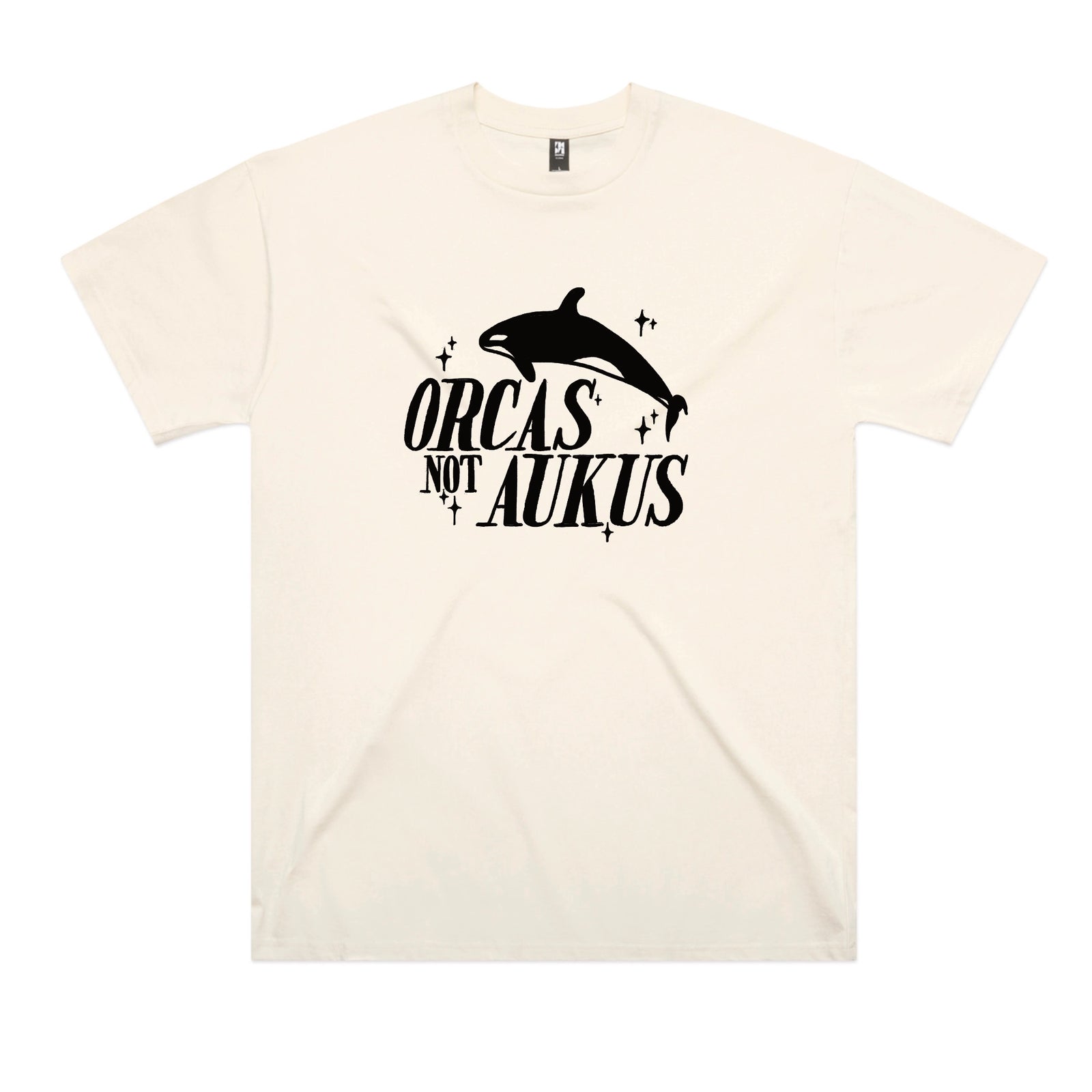 Ecru oversized t-shirt with Orcas Not AUKUS graphic by Lonely Kids Club