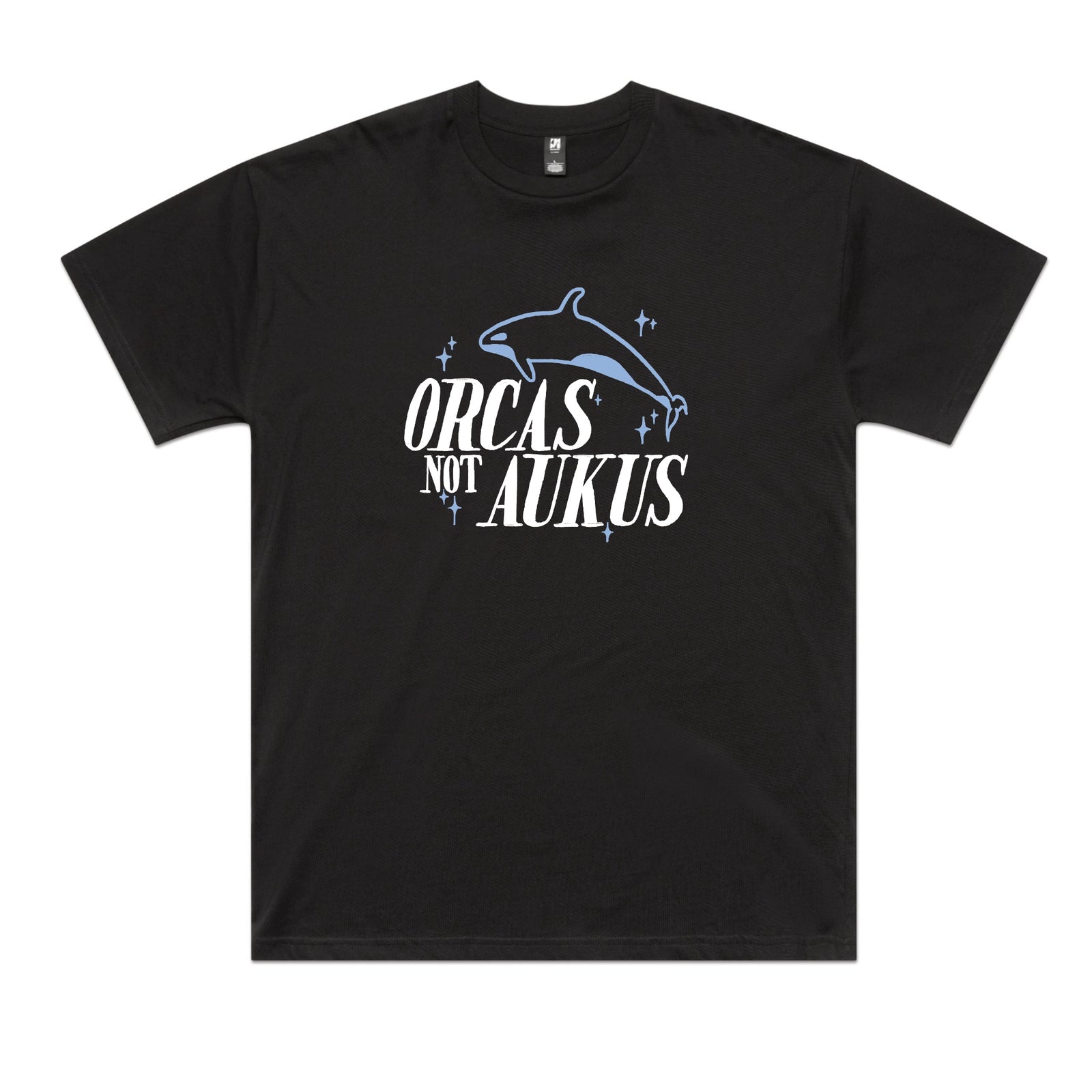 Black oversized t-shirt with Orcas Not AUKUS graphic by Lonely Kids Club