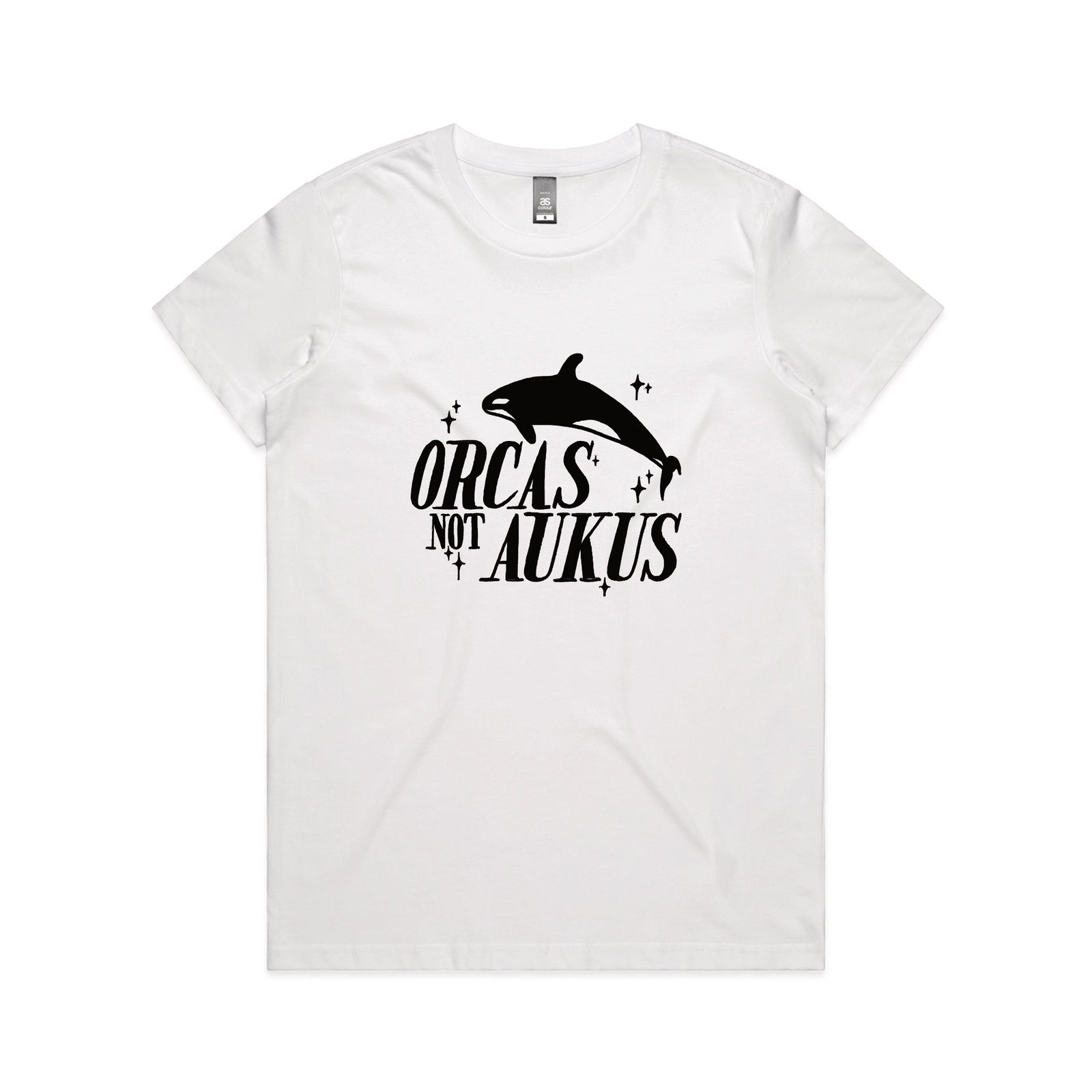 White fitted womens t-shirt with Orcas Not AUKUS graphic by Lonely Kids Club