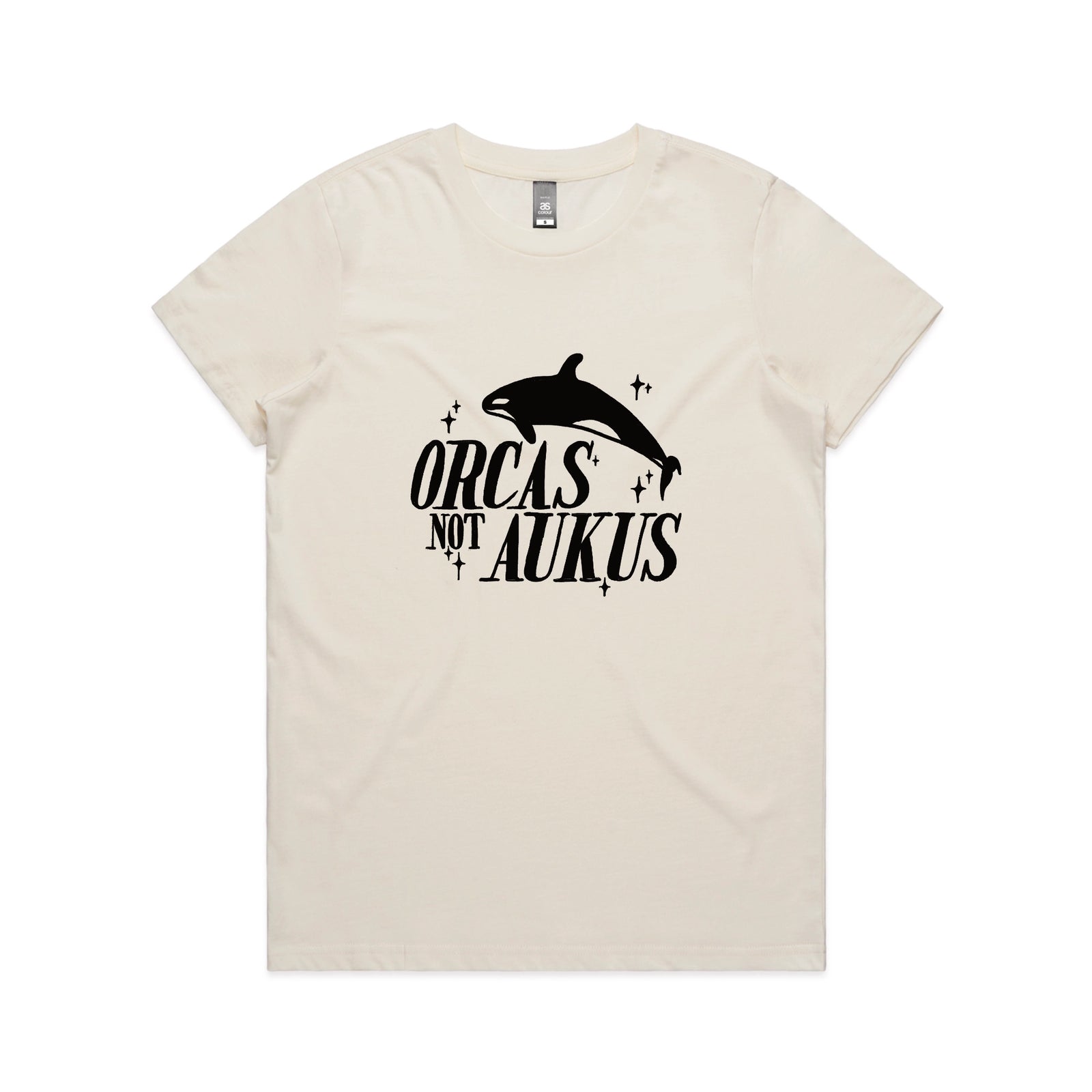 Ecru fitted womens t-shirt with Orcas Not AUKUS graphic by Lonely Kids Club
