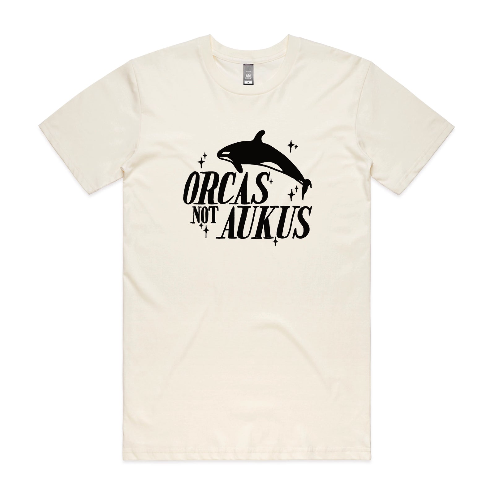 Ecru unisex t-shirt with Orcas Not AUKUS graphic by Lonely Kids Club