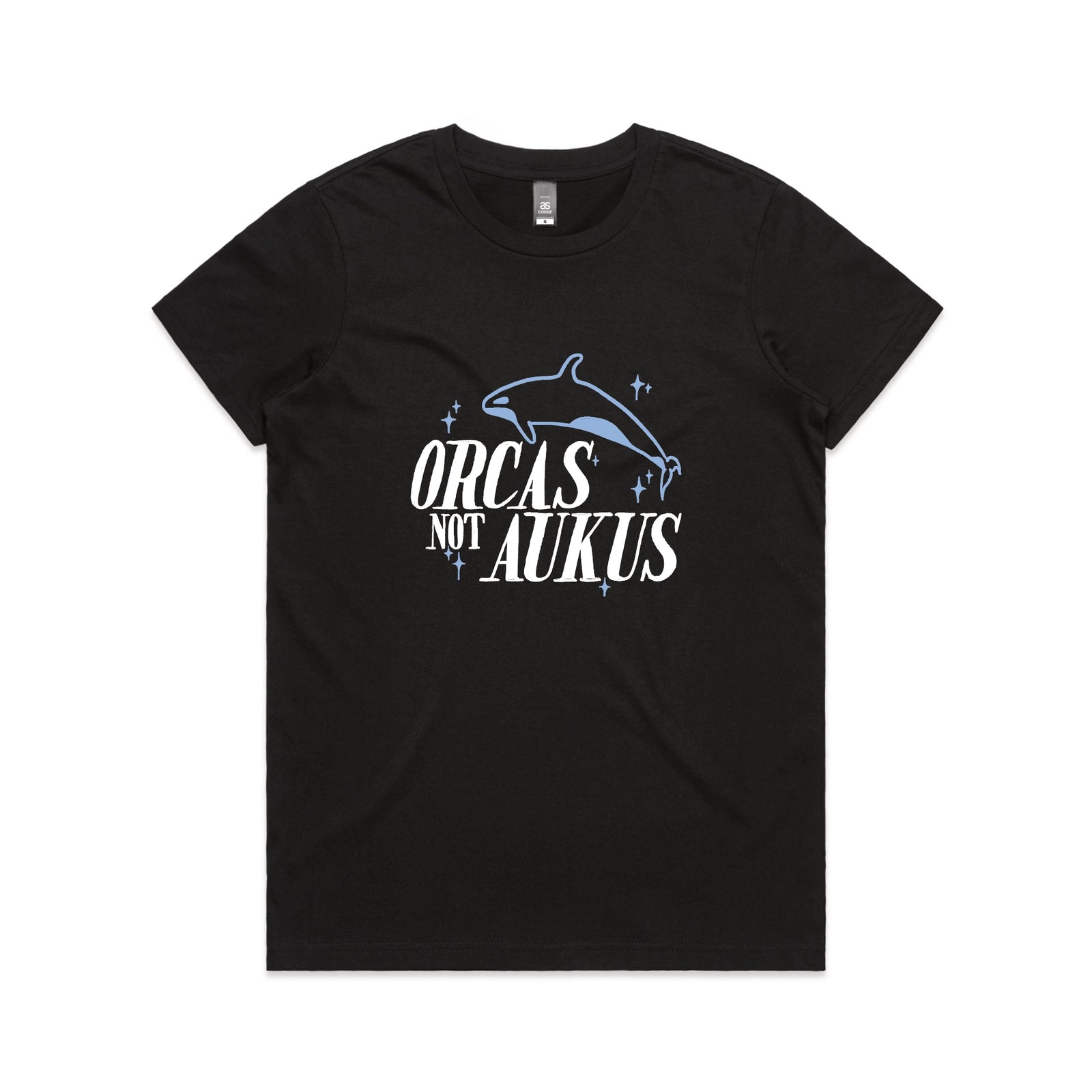 Black fitted womens t-shirt with Orcas Not AUKUS graphic by Lonely Kids Club