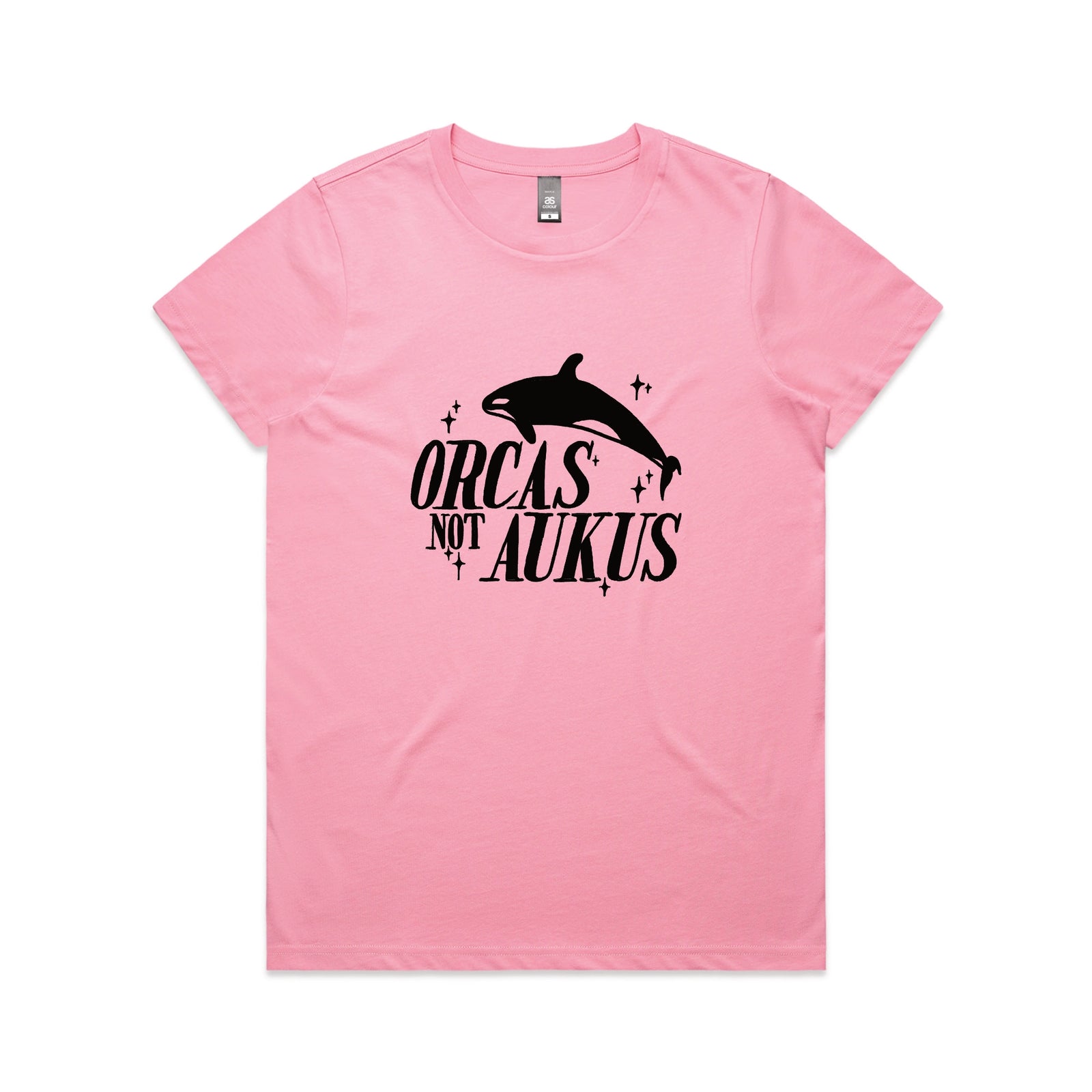 Bubblegum fitted womens t-shirt with Orcas Not AUKUS graphic by Lonely Kids Club