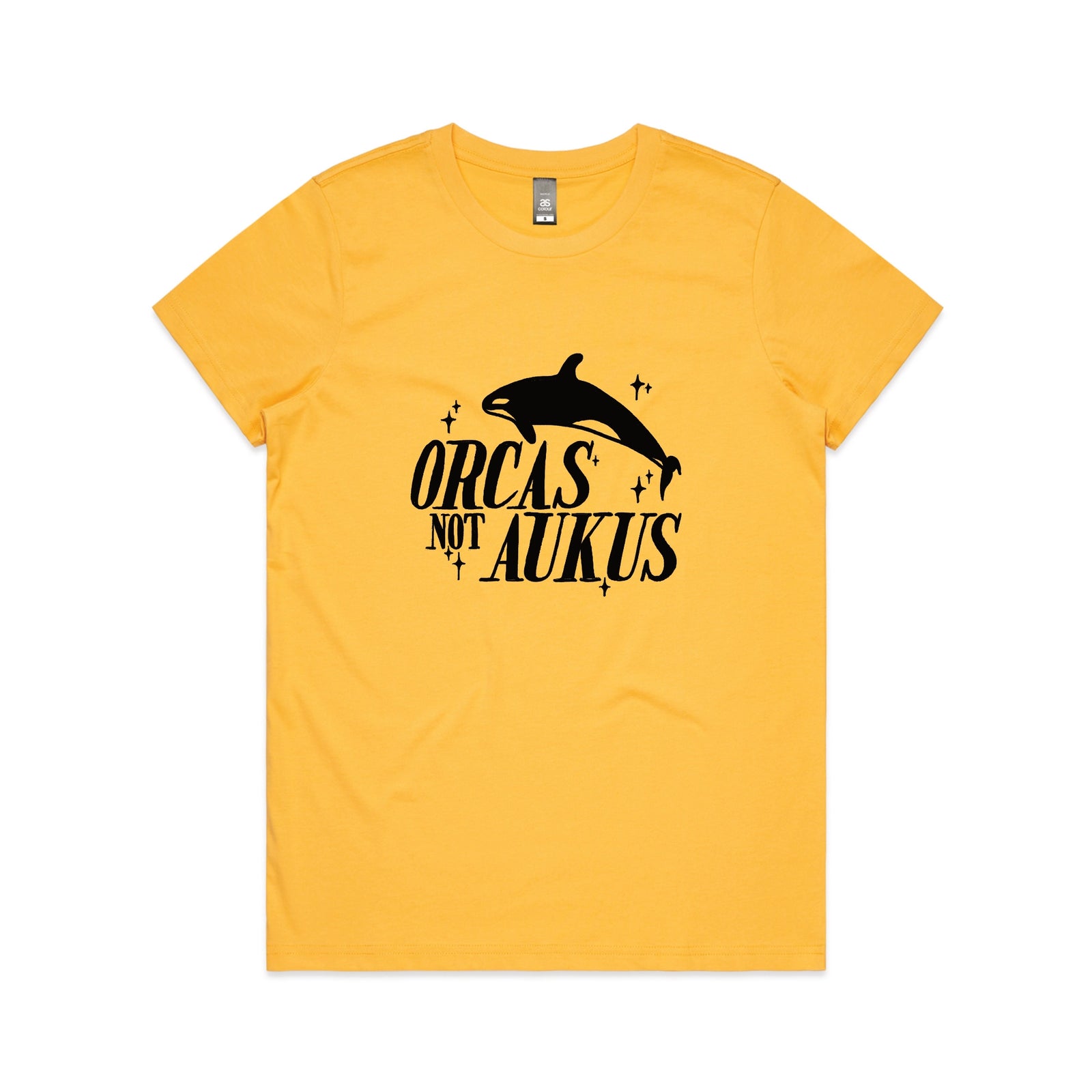 Yellow fitted womens t-shirt with Orcas Not AUKUS graphic by Lonely Kids Club