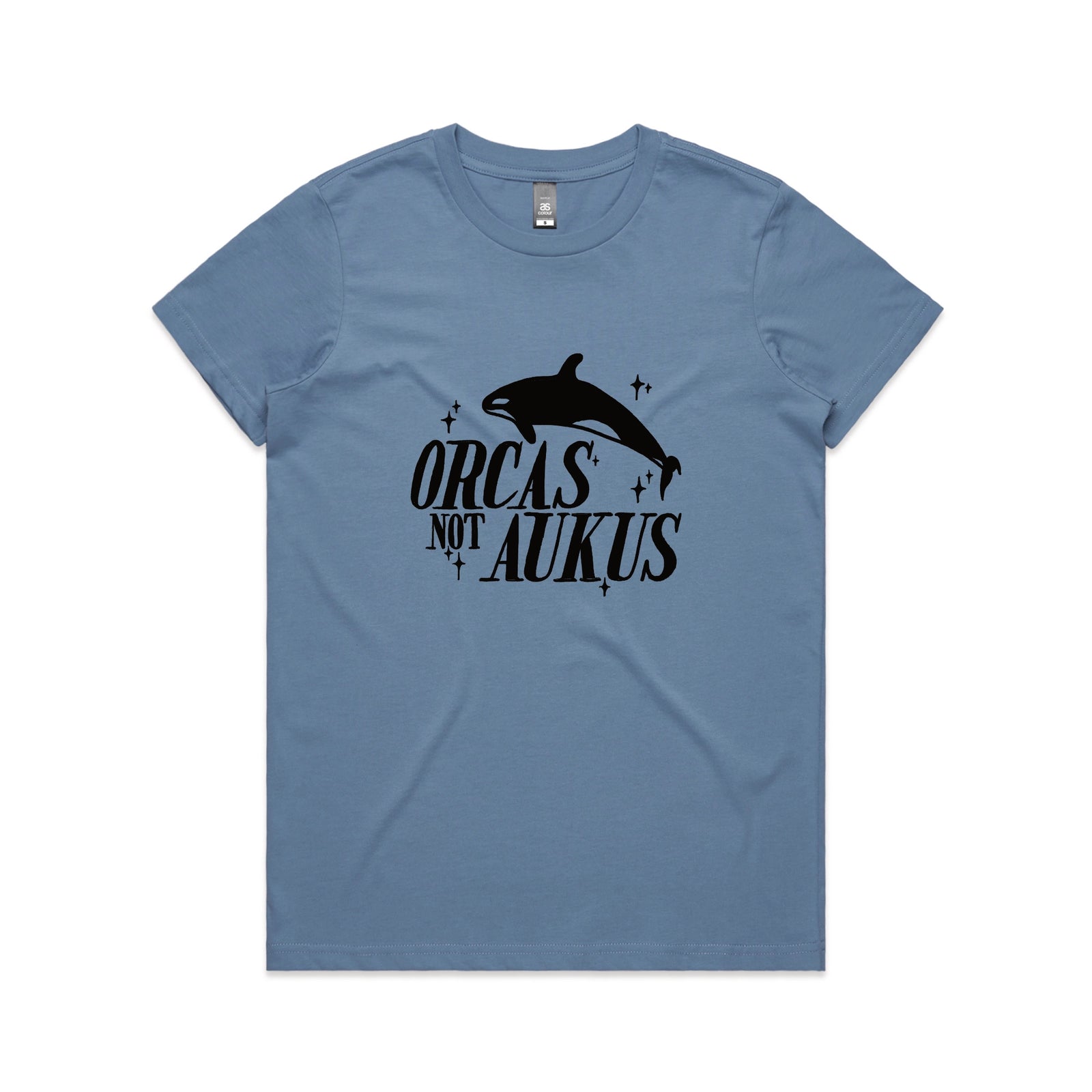 Carolina Blue fitted womens t-shirt with Orcas Not AUKUS graphic by Lonely Kids Club