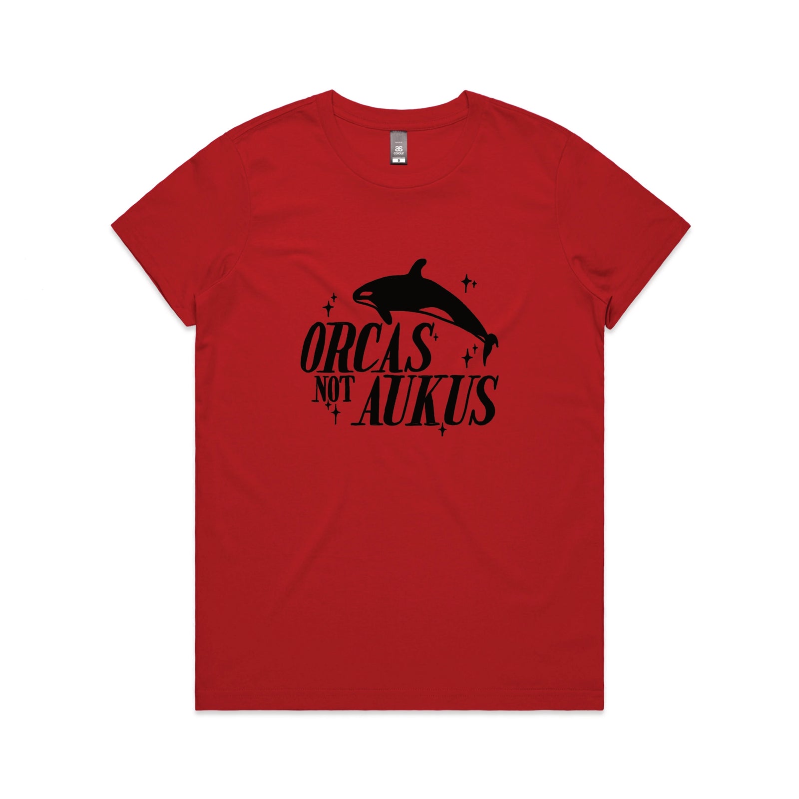 Red fitted womens t-shirt with Orcas Not AUKUS graphic by Lonely Kids Club