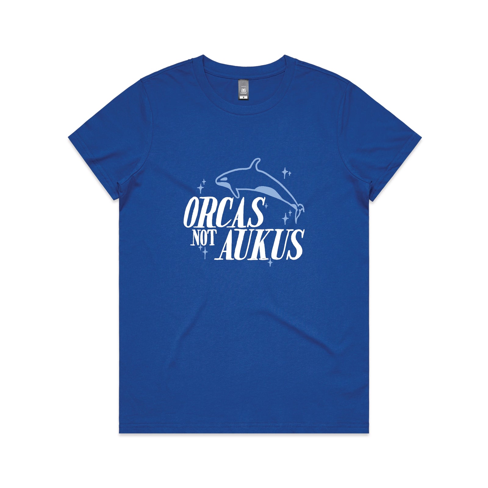 Royal Blue fitted womens t-shirt with Orcas Not AUKUS graphic by Lonely Kids Club