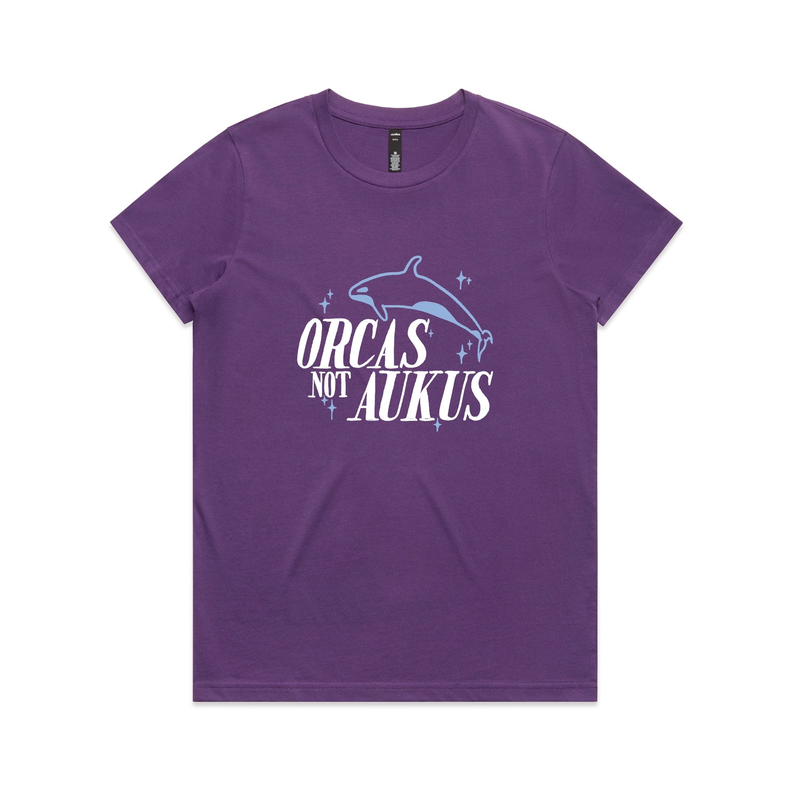 Purple fitted womens t-shirt with Orcas Not AUKUS graphic by Lonely Kids Club