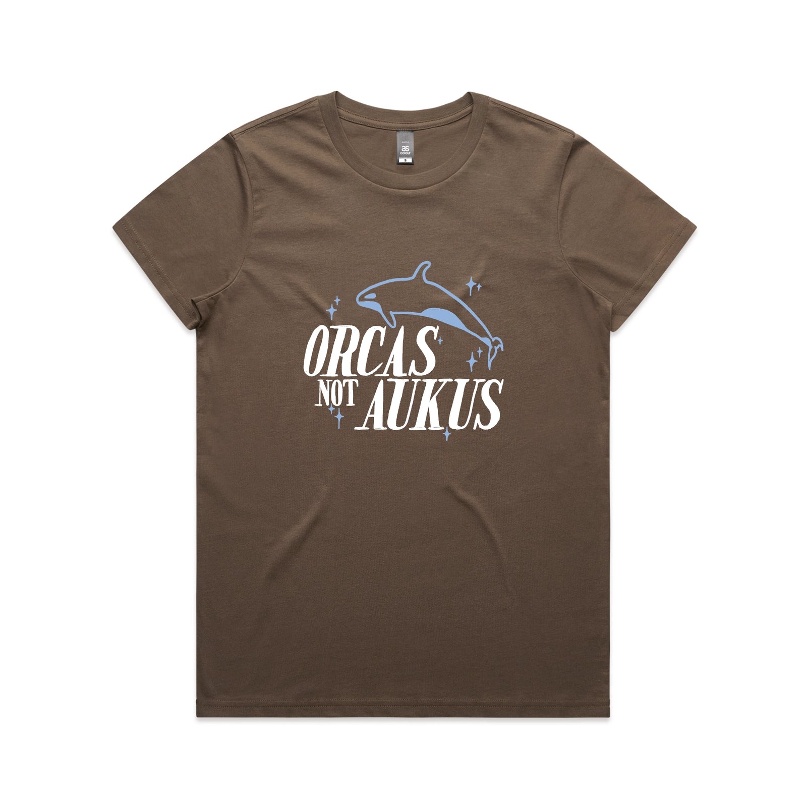 Walnut fitted womens t-shirt with Orcas Not AUKUS graphic by Lonely Kids Club