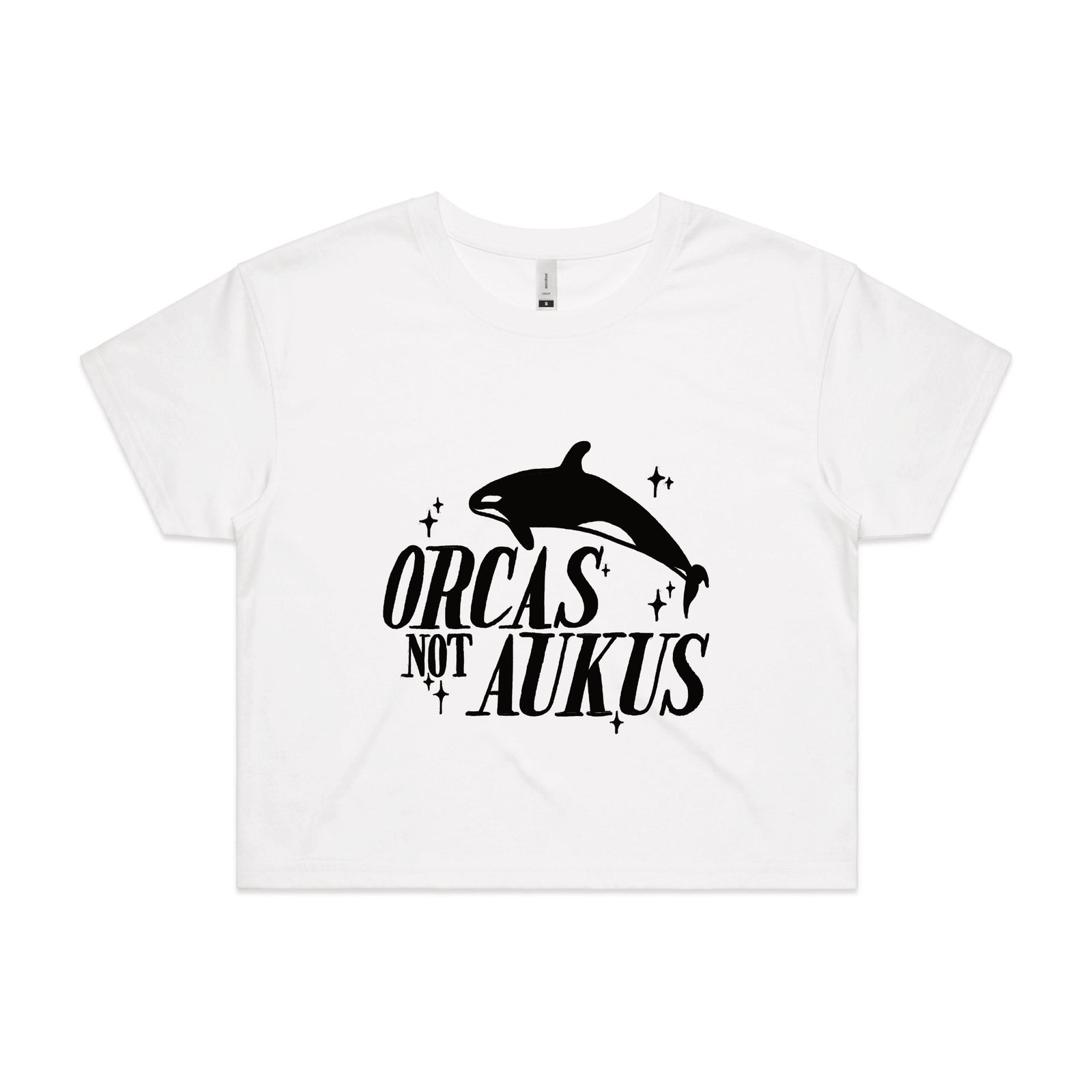 White crop top with Orcas Not AUKUS graphic by Lonely Kids Club