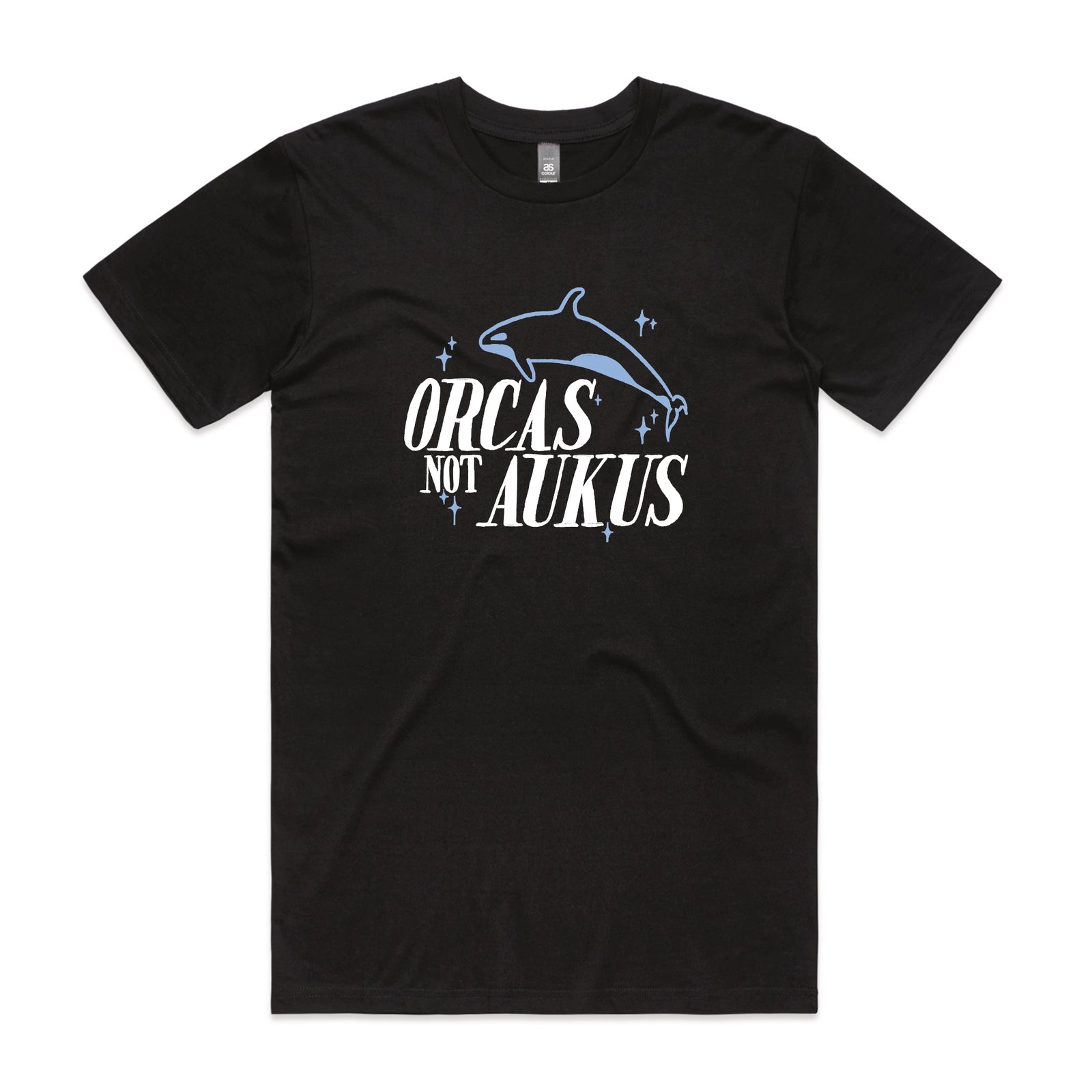 Black unisex t-shirt with Orcas Not AUKUS graphic by Lonely Kids Club