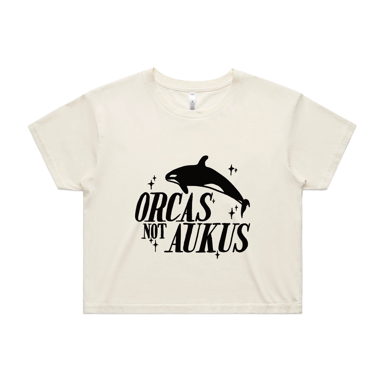 Ecru crop top with Orcas Not AUKUS graphic by Lonely Kids Club