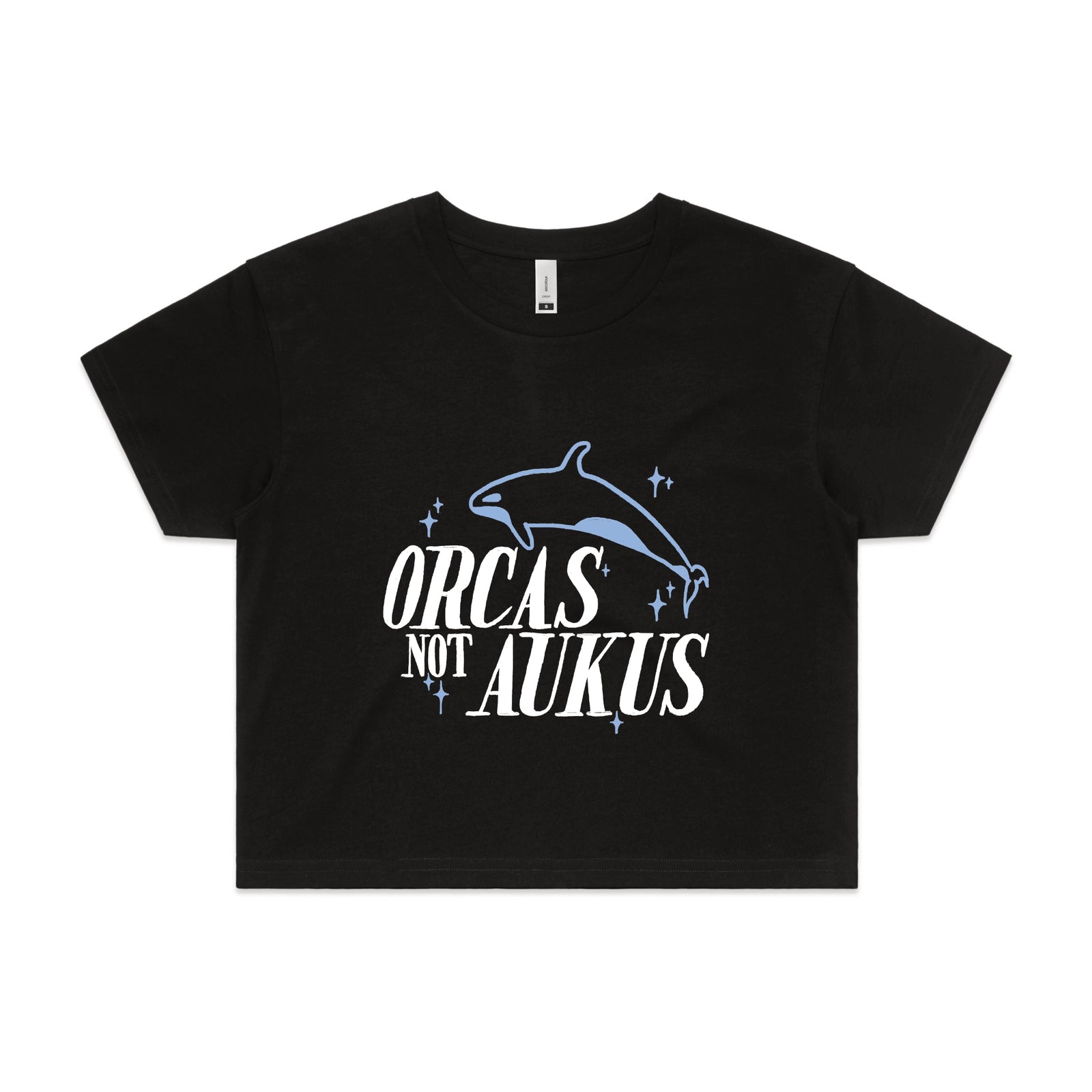 Black crop top with Orcas Not AUKUS graphic by Lonely Kids Club