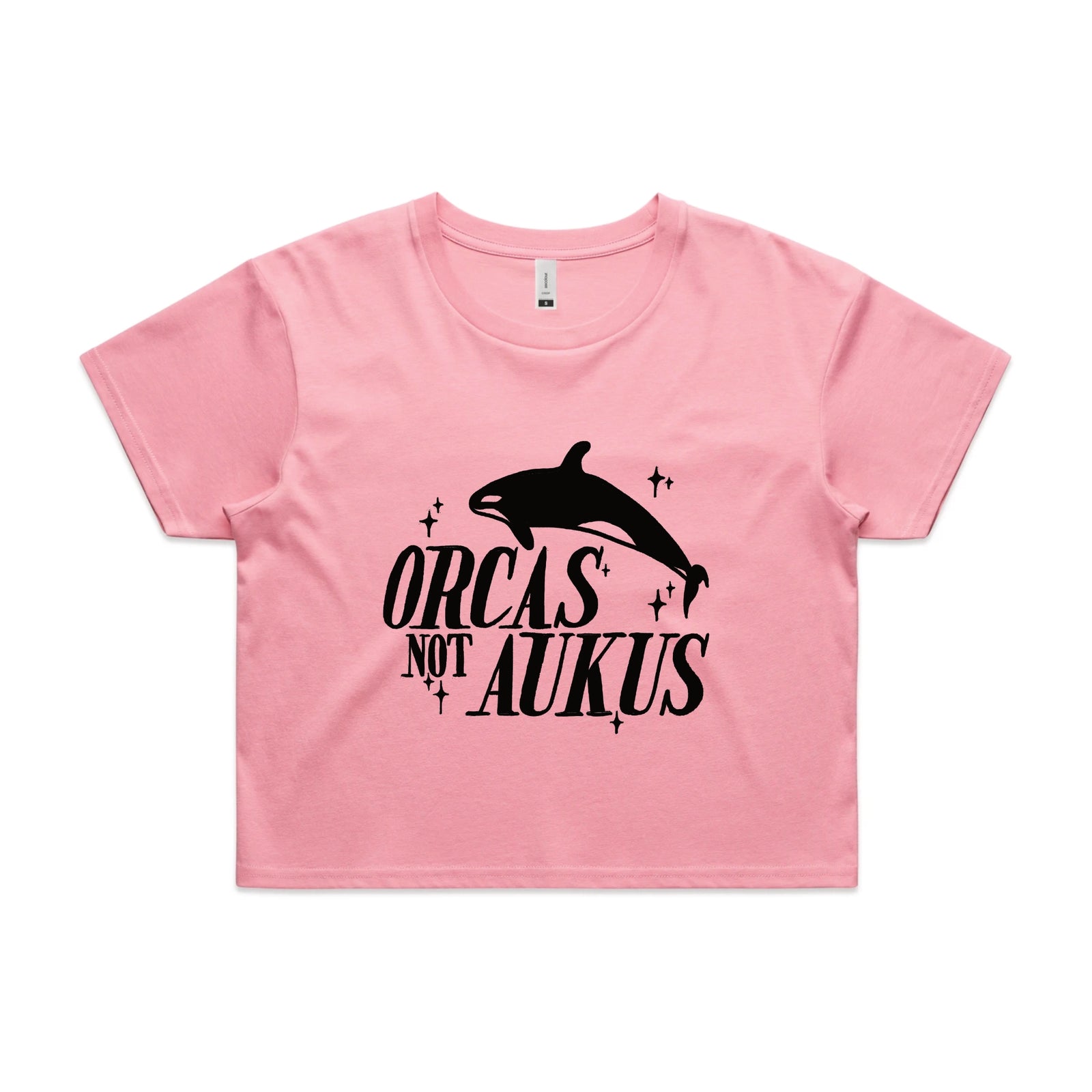 Bubblegum crop top with Orcas Not AUKUS graphic by Lonely Kids Club