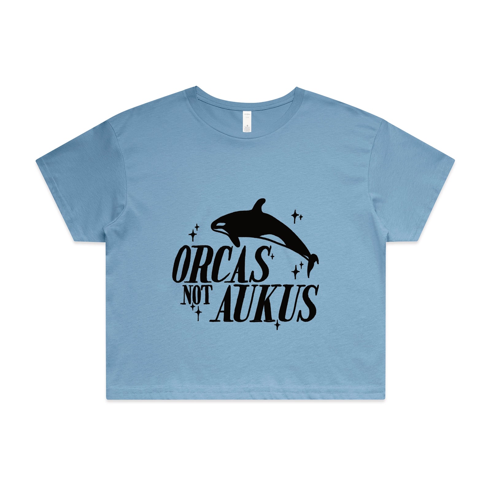 Carolina Blue crop top with Orcas Not AUKUS graphic by Lonely Kids Club
