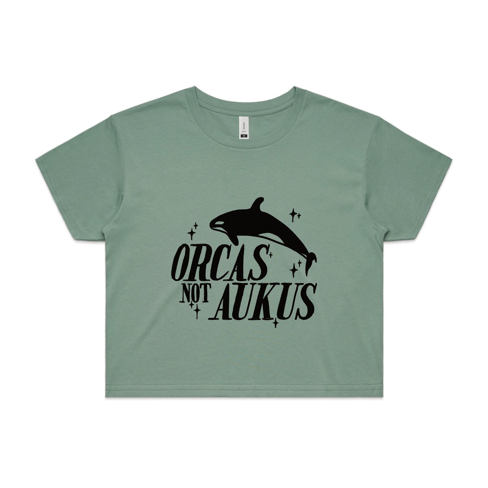 Sage crop top with Orcas Not AUKUS graphic by Lonely Kids Club
