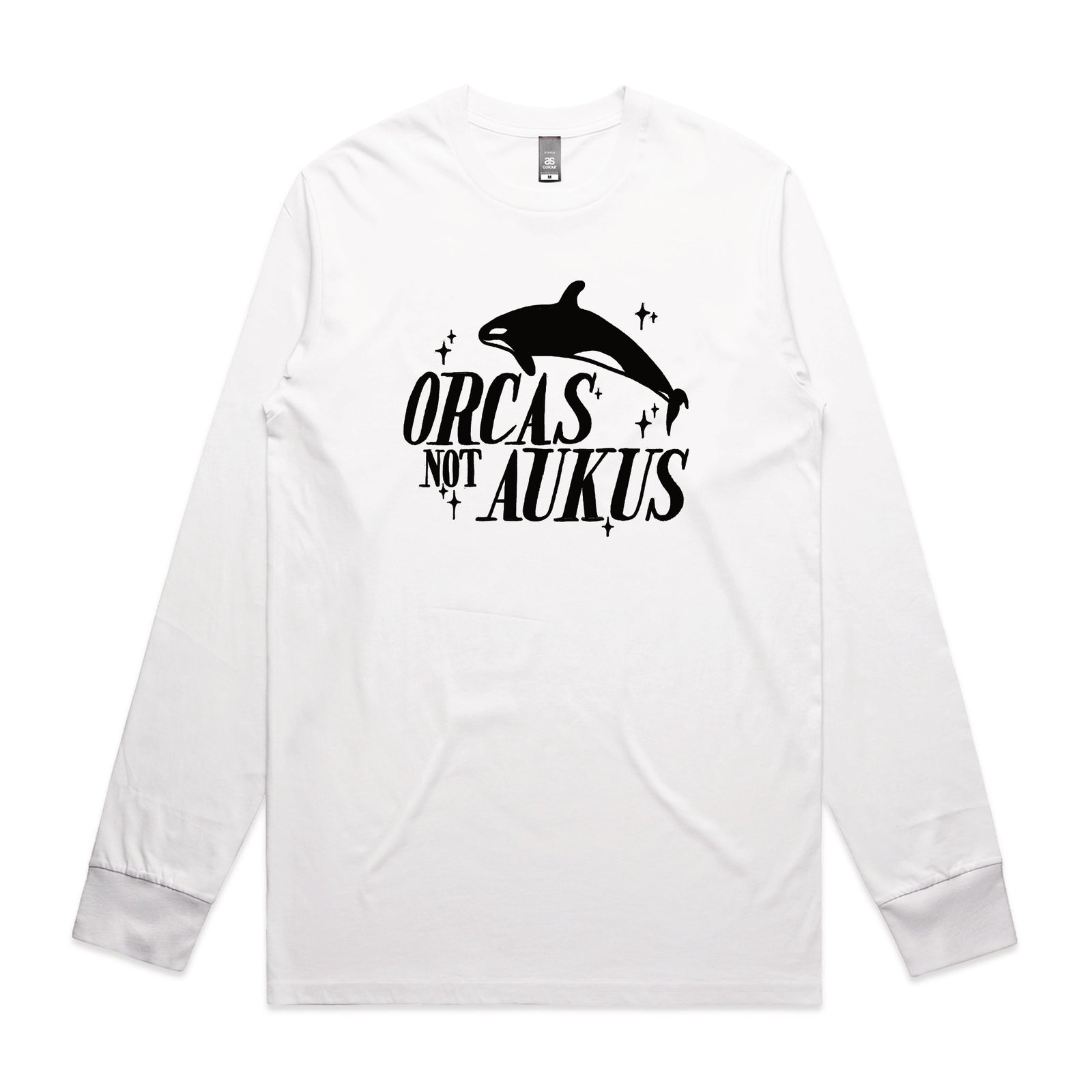 White long sleeve t-shirt with Orcas Not AUKUS graphic by Lonely Kids Club