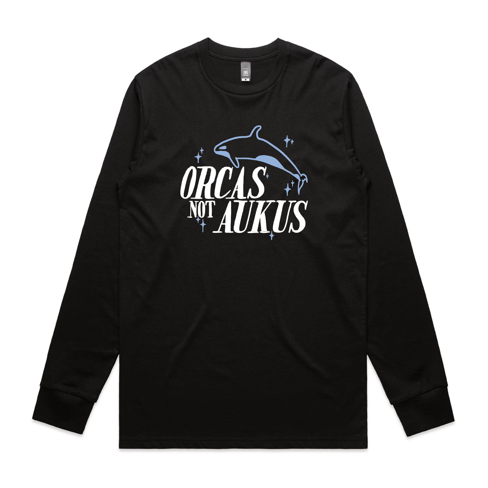 Black long sleeve t-shirt with Orcas Not AUKUS graphic by Lonely Kids Club