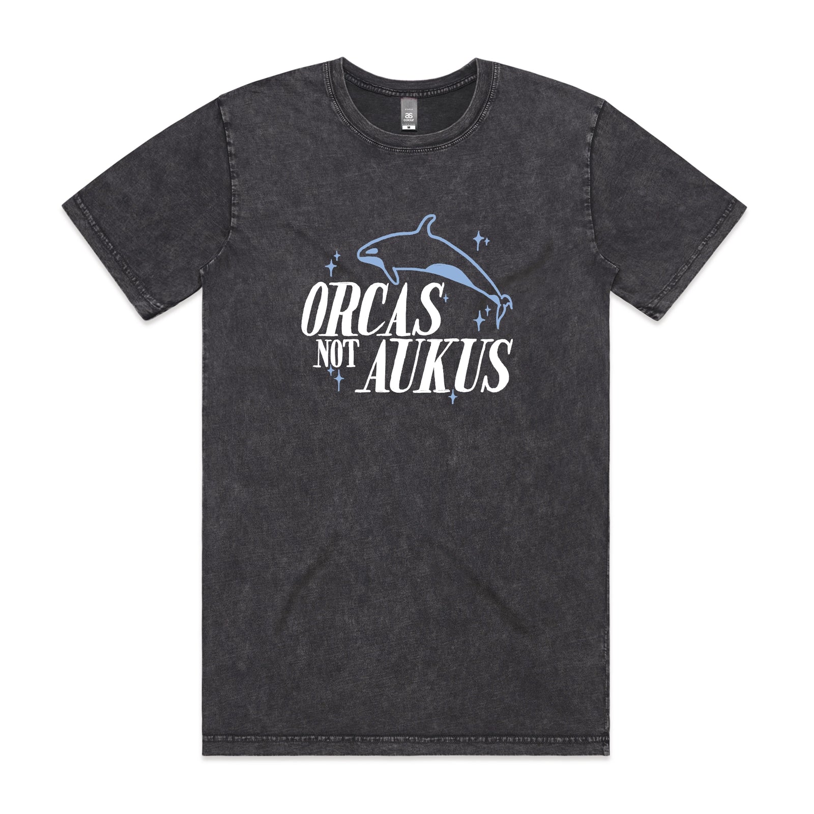Acid Wash unisex t-shirt with Orcas Not AUKUS graphic by Lonely Kids Club