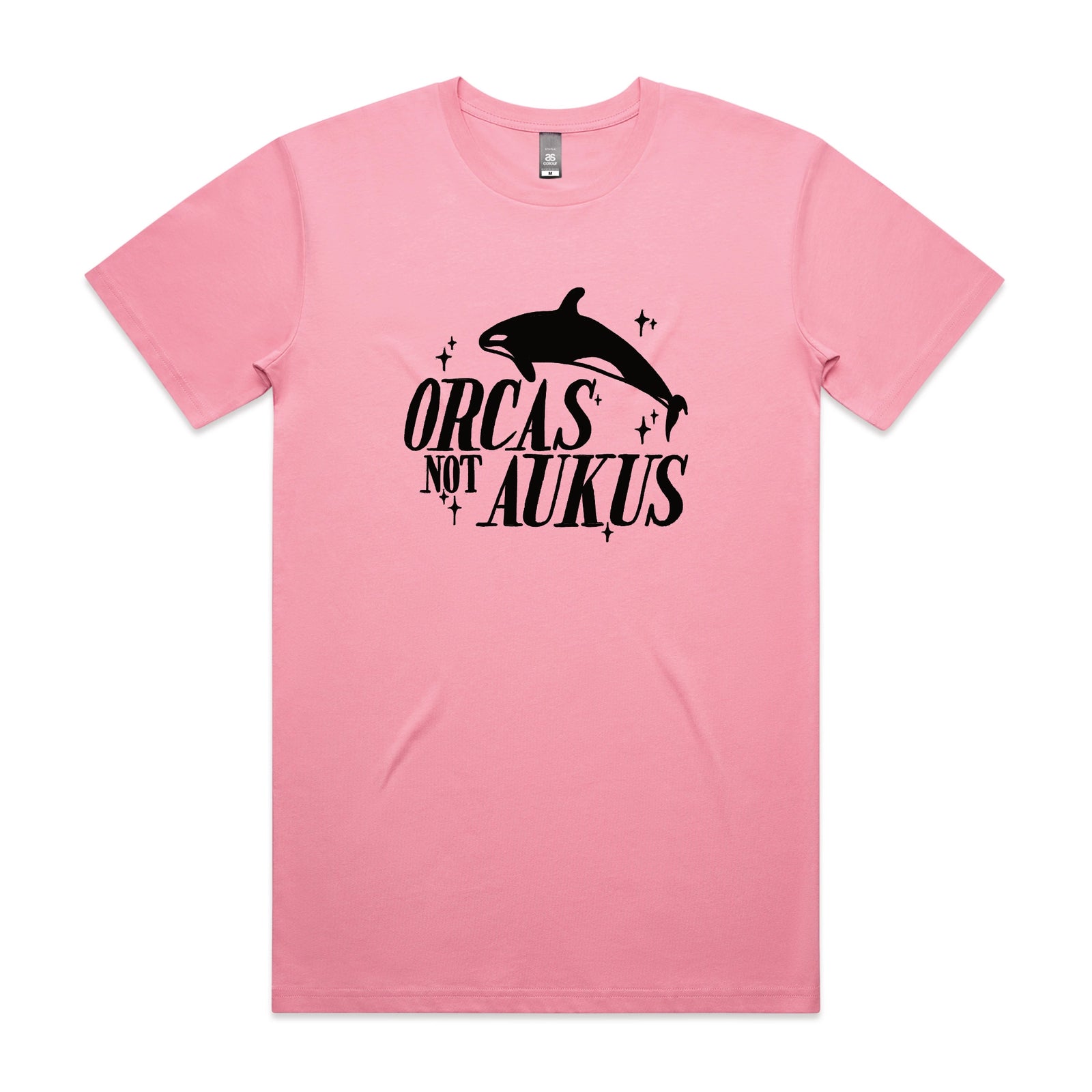 Bubblegum unisex t-shirt with Orcas Not AUKUS graphic by Lonely Kids Club