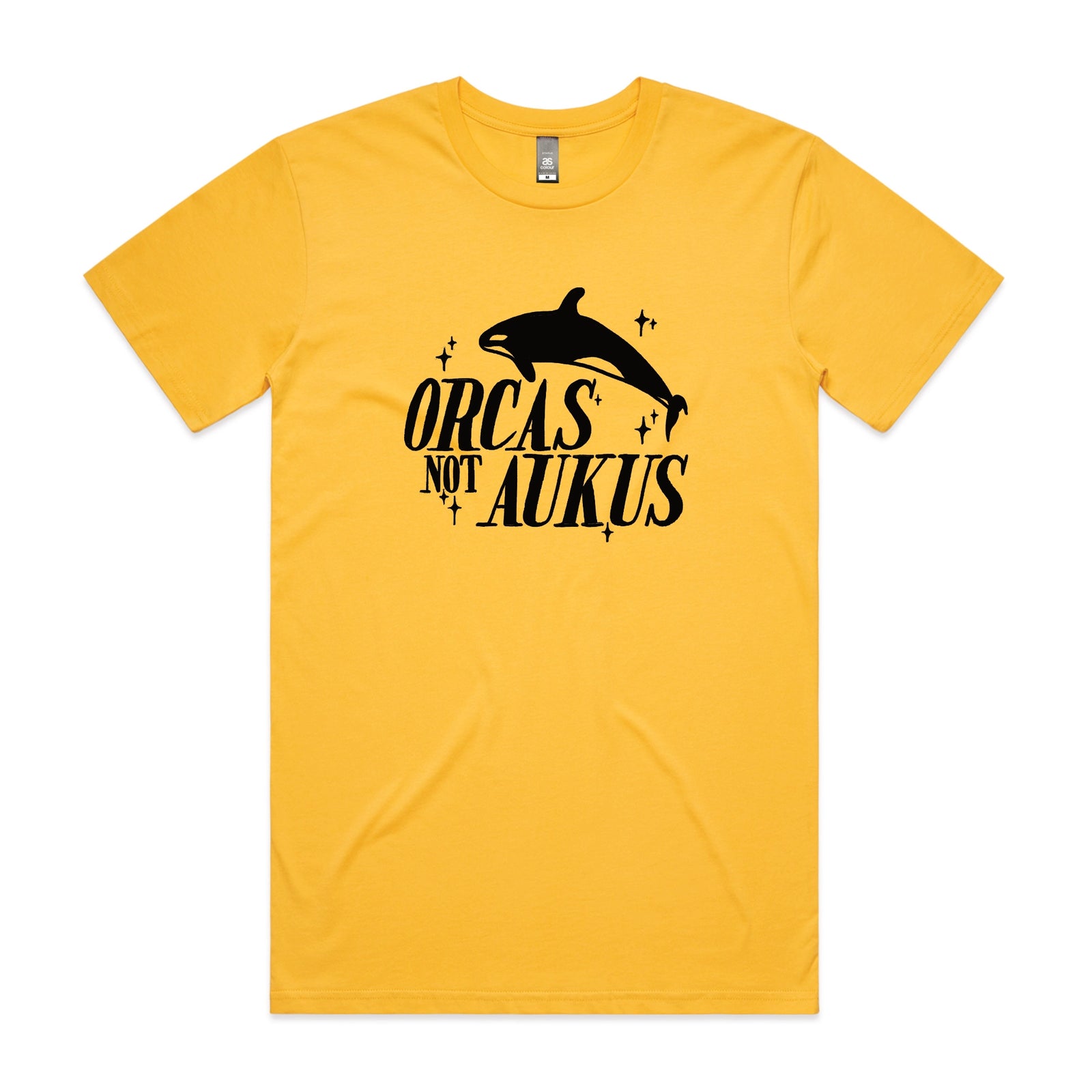 Yellow unisex t-shirt with Orcas Not AUKUS graphic by Lonely Kids Club