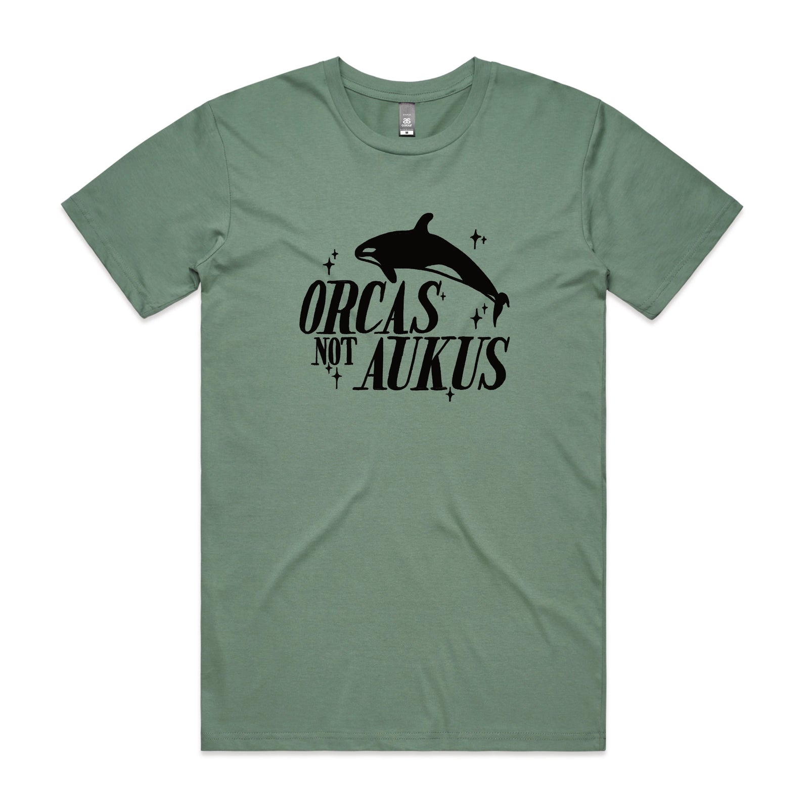 Sage unisex t-shirt with Orcas Not AUKUS graphic by Lonely Kids Club