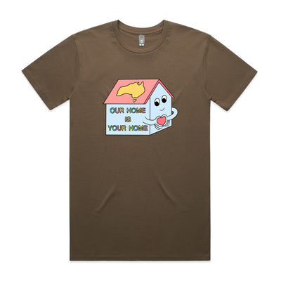 Our Home Tee by Lonely Kids Club. All clothing from our T-shirts to our shorts and hoodies are ethically made, and printed packed and shipped from Sydney.