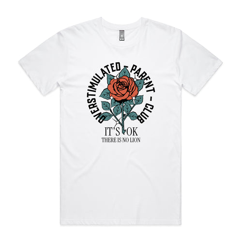 Overstimulated Parent Club Tee by Lonely Kids Club. All clothing from our T-shirts to our shorts and hoodies are ethically made, and printed packed and shipped from Sydney.