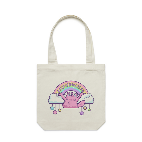 Overstimulated Rainbow Tote by Lonely Kids Club. All clothing from our T-shirts to our shorts and hoodies are ethically made, and printed packed and shipped from Sydney.