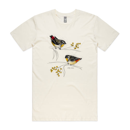 Spotted Pardalotes Tee by Lonely Kids Club. All clothing from our T-shirts to our shorts and hoodies are ethically made, and printed packed and shipped from Sydney.