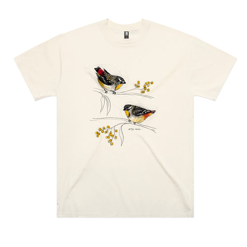 Spotted Pardalotes Tee by Lonely Kids Club. All clothing from our T-shirts to our shorts and hoodies are ethically made, and printed packed and shipped from Sydney.