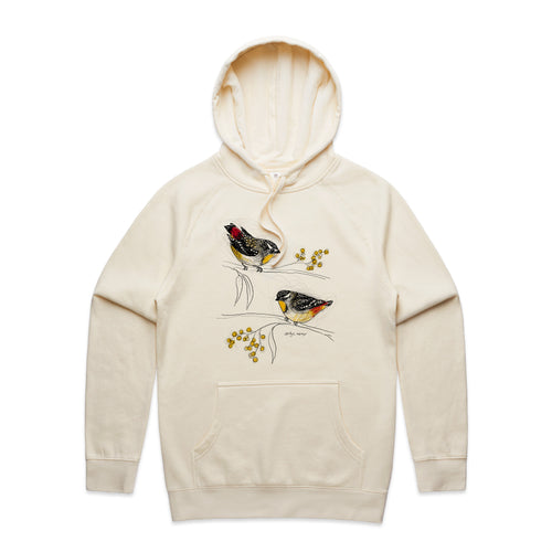 Spotted Pardalotes Hoodie by Lonely Kids Club. All clothing from our T-shirts to our shorts and hoodies are ethically made, and printed packed and shipped from Sydney.