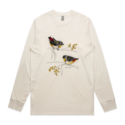 Spotted Pardalotes Tee by Lonely Kids Club. All clothing from our T-shirts to our shorts and hoodies are ethically made, and printed packed and shipped from Sydney.