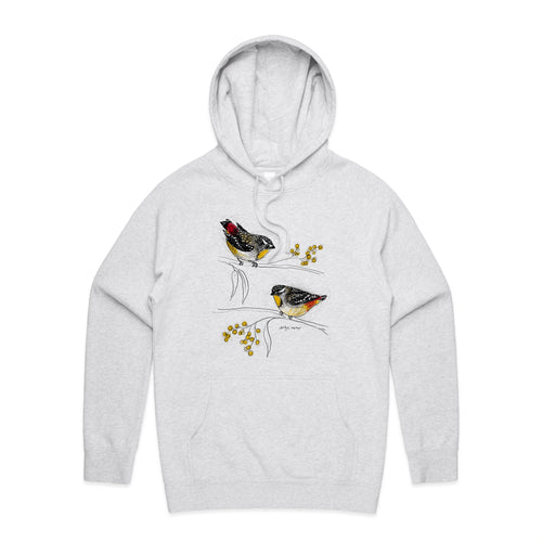 Spotted Pardalotes Hoodie by Lonely Kids Club. All clothing from our T-shirts to our shorts and hoodies are ethically made, and printed packed and shipped from Sydney.