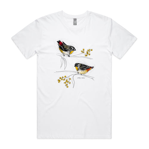 Spotted Pardalotes Tee by Lonely Kids Club. All clothing from our T-shirts to our shorts and hoodies are ethically made, and printed packed and shipped from Sydney.