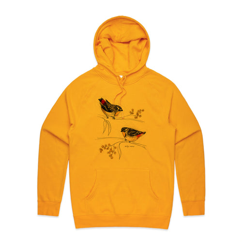 Spotted Pardalotes Hoodie by Lonely Kids Club. All clothing from our T-shirts to our shorts and hoodies are ethically made, and printed packed and shipped from Sydney.
