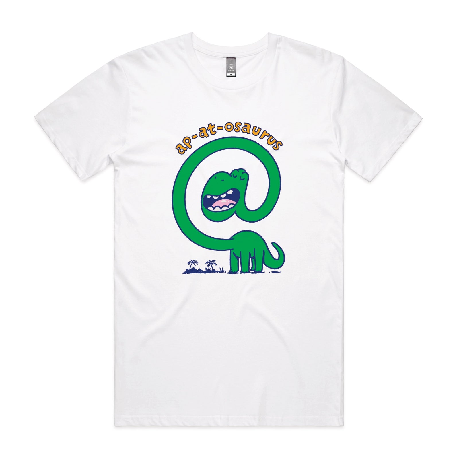 White unisex t-shirt with Ap-at-osaurus graphic by Lonely Kids Club