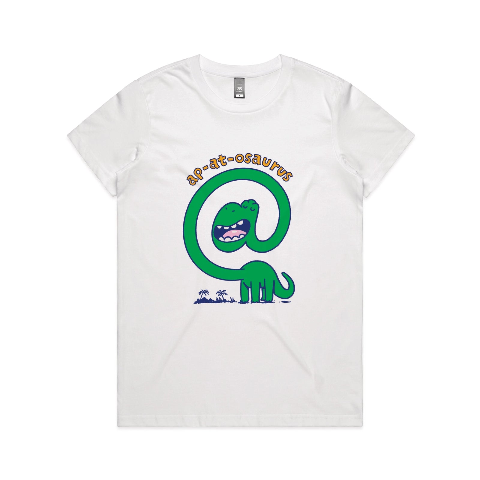 White fitted womens t-shirt with Ap-at-osaurus graphic by Lonely Kids Club